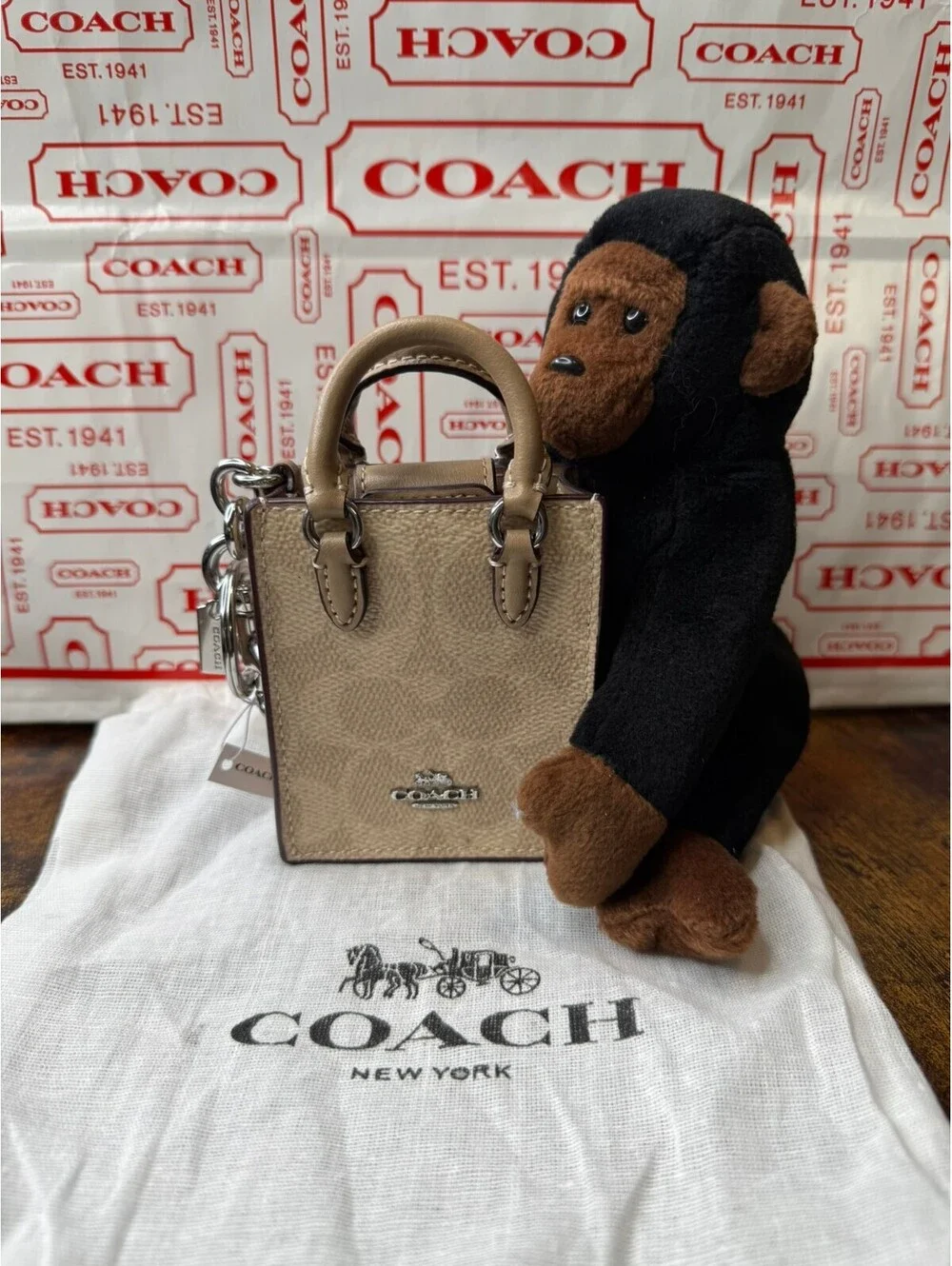 Coach Beige Mini Tote Keychain Bag Charm NWT + Coach Dust Bag